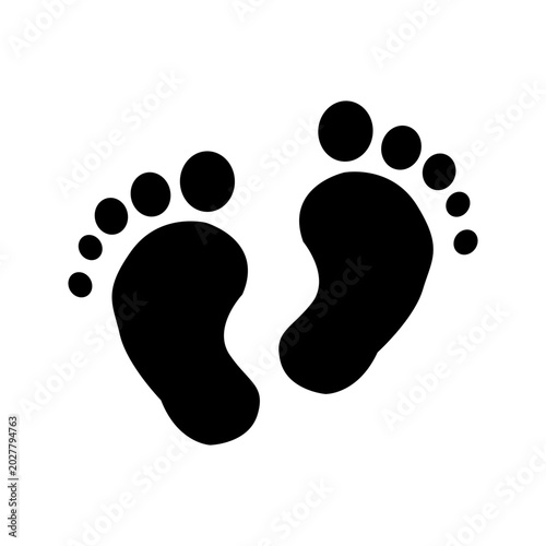 Black vector baby footprints silhouette print design. Footsteps in outline heart frame shape. Baby shower decor. New born sign icon. It's a girl,boy.Abstract love symbol.Vinyl wall sticker decal. Care
