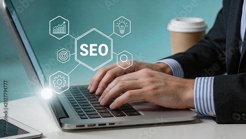 SEO strategy visualization on laptop, search engine optimization tactics, keyword research tool, content marketing plan, backlink analysis, ranking improvement guide, organic