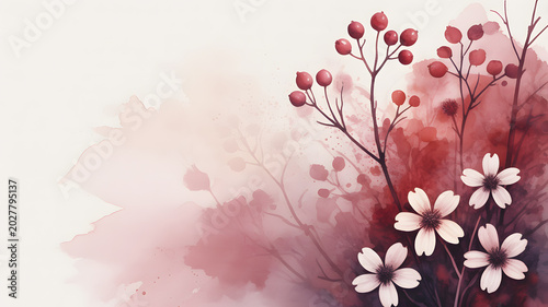 Delicate watercolor illustration features white flowers and red berries on branches with subtle red washes