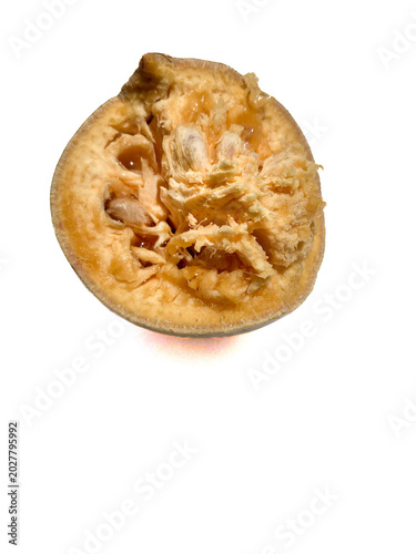 A bael fruit cut in half, showing the dry pulp and seeds inside, isolated on a white background.