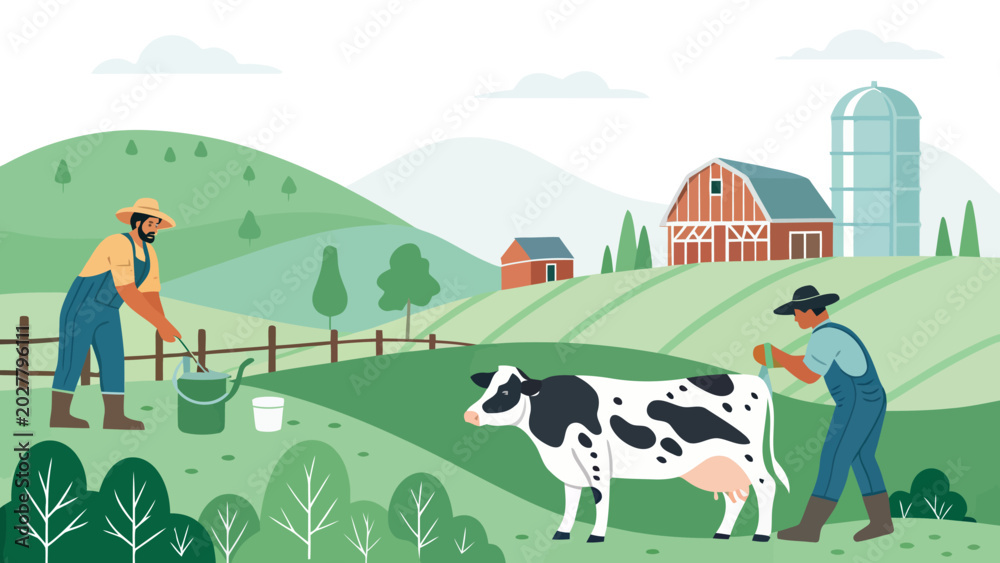 Fototapeta premium Rural farm scene with farmers tending to cows and agricultural structures on rolling hills food production rural life farm animals blue sky agriculture countryside landscape livestock