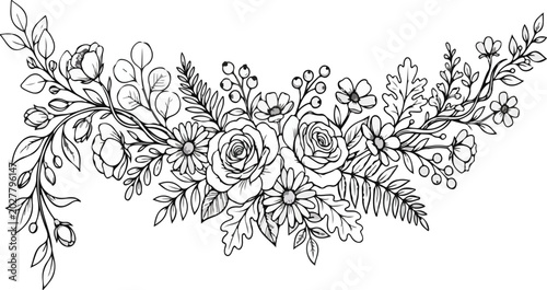 Tableau sur toile Floral Garland Swag Bouquet Line Art Sketch