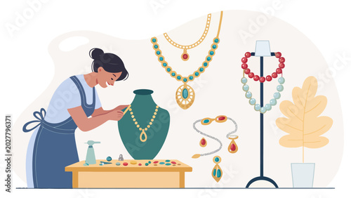 Jewelry maker arranging necklaces and bracelets with jewelry store crafting designer workshop creation necklace bracelet handmade craftsmanship accessory creative materials business