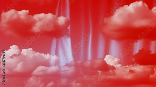 Dramatic red sky filled with fluffy white clouds and glowing blue light shafts