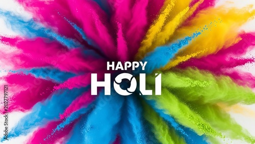 Vibrant colorful powder explosion with happy holi text in white