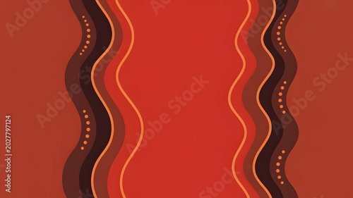 Dynamic flowing red, orange, and brown shapes frame a central display space