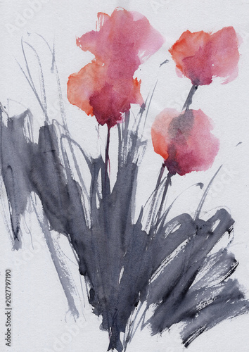 Abstract Floral Watercolor Illustration Collection, A beautiful series of hand-painted semi-abstract watercolor flowers, featuring expressive brushstrokes and artistic on textured drawing paper.