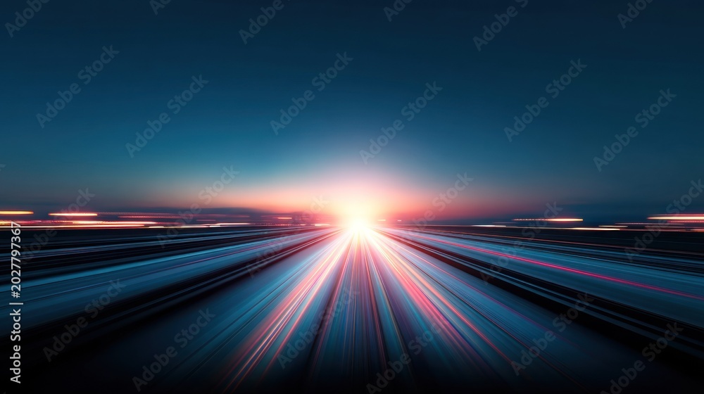 Fototapeta premium Highway light trails radiate from a bright central point against a darkening twilight sky