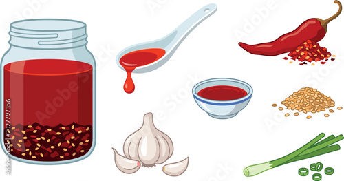 Canvas Print Spicy Chili Sauce and Asian Cooking Ingredients Vector Collection with Red Peppe