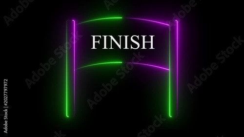 Neon glowing Green and Pink color finish banner icon on black background. Race finish flag icon animation.