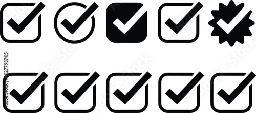 Photos Silhouettes of check mark icons in varied styles with circles, squares, and star