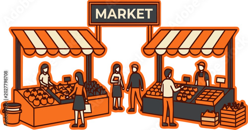 Tableau sur toile Vibrant market scene with people shopping for fresh produce