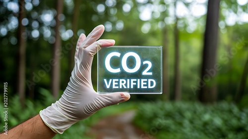 Co2 verified sign in forest environment for carbon emission and sustainability concept