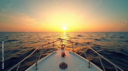 A view from the bow of a boat sailing on the calm ocean towards a bright golden sunset on the horizon during a peaceful evening summer trip