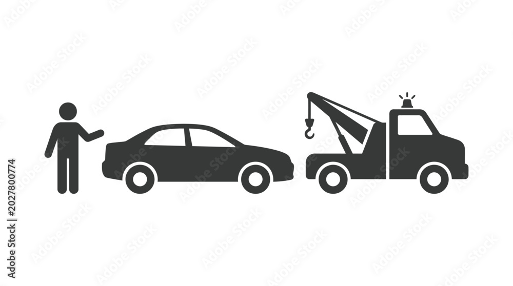 Fototapeta premium Icon illustration of a person requesting assistance from a tow truck for their broken-down car