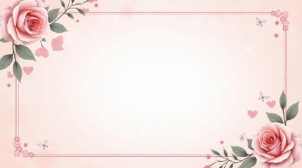 Beautiful pink rose flower frame with hearts and butterflies on a soft peach background for romantic wedding or greeting card design