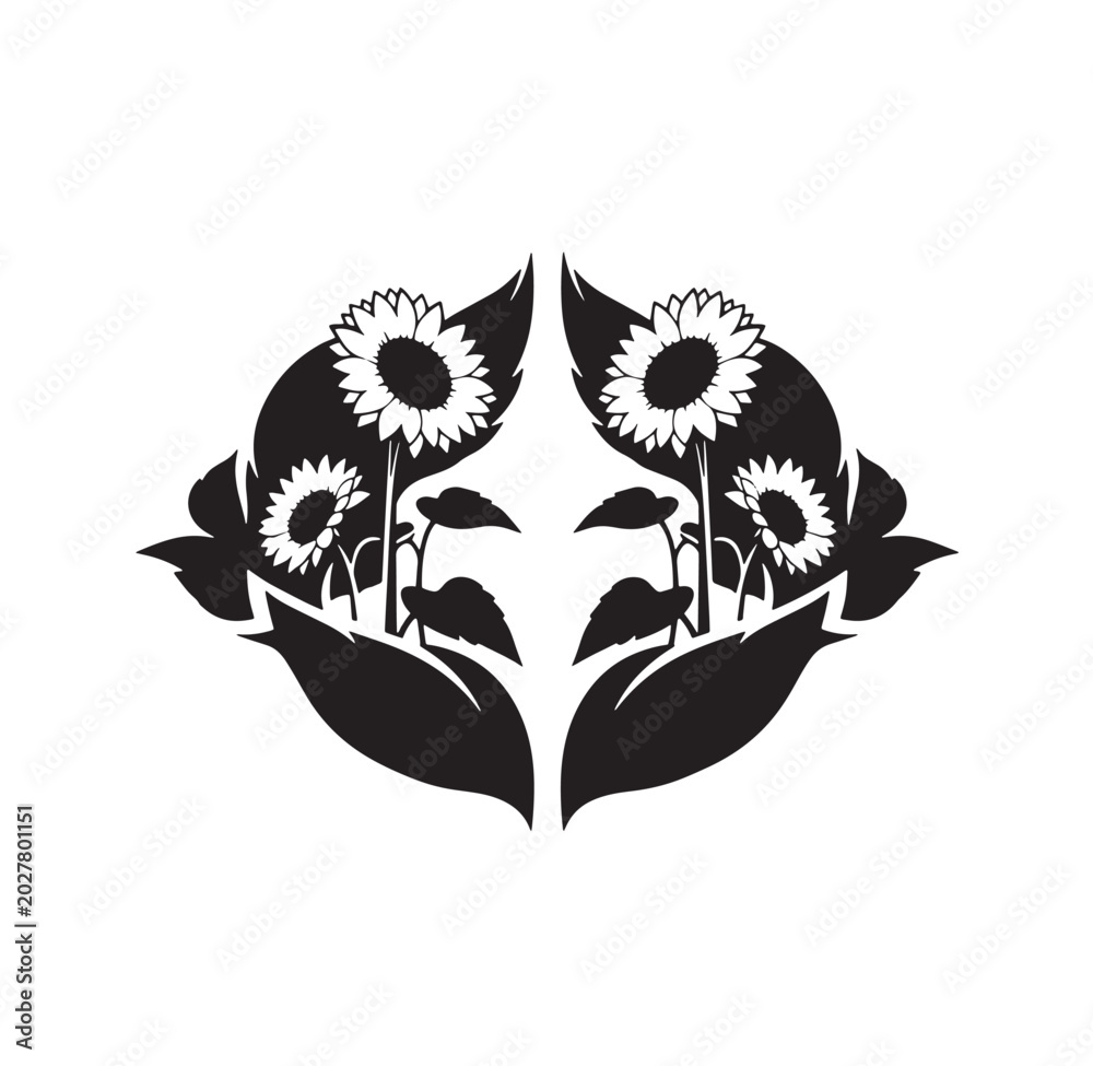 Fototapeta premium Symmetrical design of sunflowers in cupped hands silhouette with sunflower environment agriculture blooming symmetrical protection