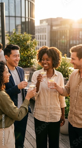 Diverse group of happy friends toasting with drinks on a rooftop terrace at sunset, enjoying an urban social gathering during golden hour