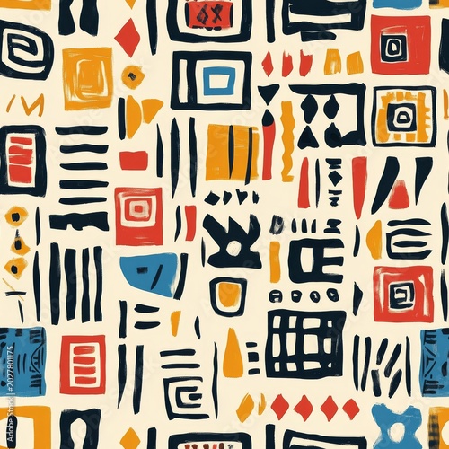 Seamless pattern elements from African visual language featuring colorful tribal lines, spiritual emblems, and geometric forms