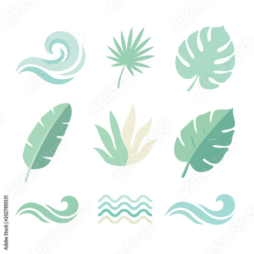 Tropical Leaves and Ocean Waves in Gentle Pastel Tones Vector Illustration for Serene Branding