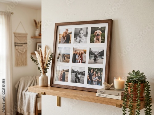 Modern oak square collage picture frame featuring 9 openings, styled beautifully on a wooden floating shelf against a warm neutral wall background.