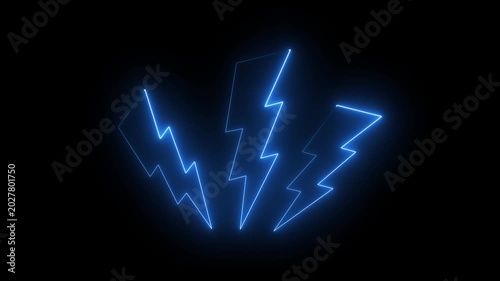 Neon glowing blue color lightning bolt icon isolated on black background. Glowing Power lightning bolt icon.