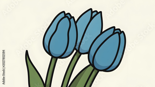 Simple graphic illustration of three blue tulip flowers with green leaves against a light background