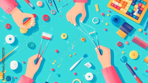 Handmade hobby scene featuring human hands holding thread, beads, and brushes, flat playful vector design with bright, garish tones
