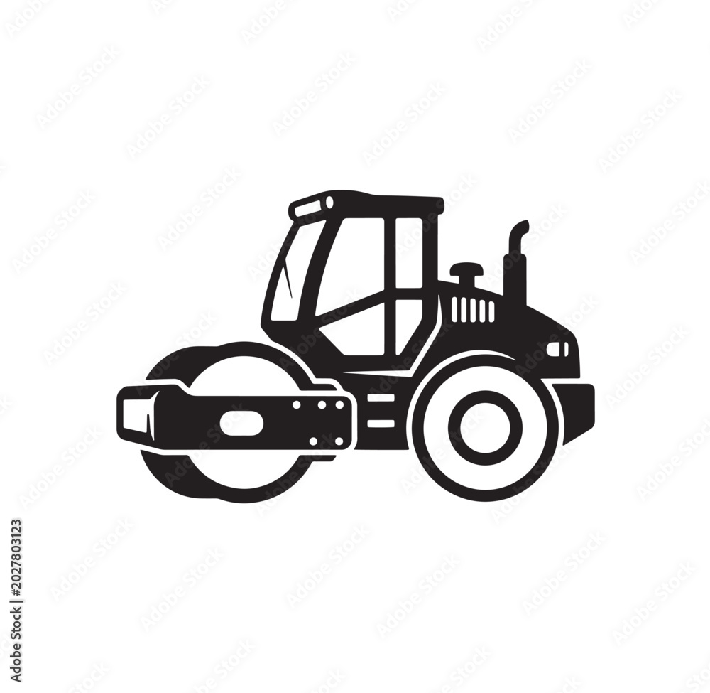 Naklejka premium Black silhouette icon of a road roller for construction and engineering with heavy machinery white background compactor construction