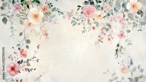 Delicate watercolor flowers and foliage arranged in repeating layout, faded brush strokes with pastel tones over creamy background