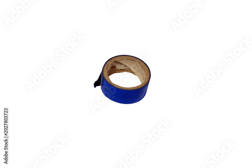Roll of blue electrical tape on a cardboard core, isolated on white background