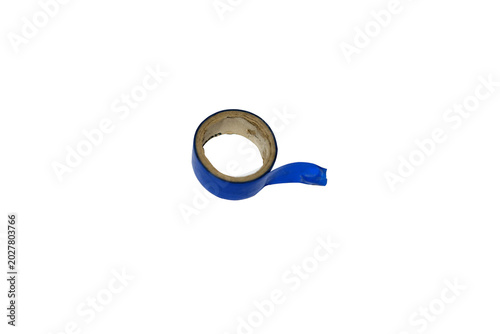 Roll of blue electrical tape on a cardboard core, isolated on white background