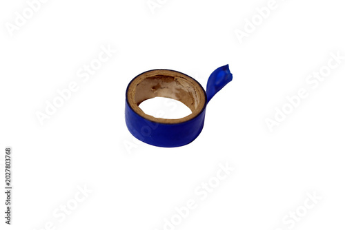 Roll of blue electrical tape on a cardboard core, isolated on white background