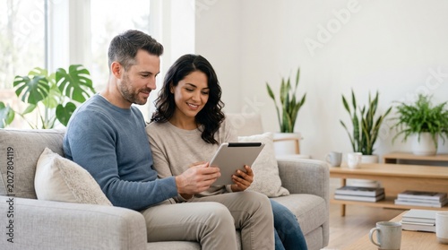 Happy Young Couple Using Digital Tablet Together on Sofa in Bright Living Room