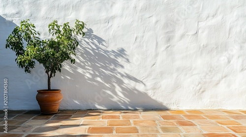 Clean white plastered Mediterranean exterior wall with smooth lines, green potted plant casting shadows on terracotta tiles, natural sunlight