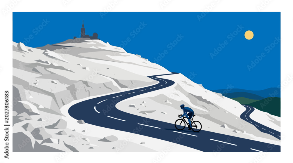 Obraz premium A powerful flat design illustration of a lone cyclist conquering the iconic, barren slopes of Mont Ventoux, a legendary climb in the Tour de France.