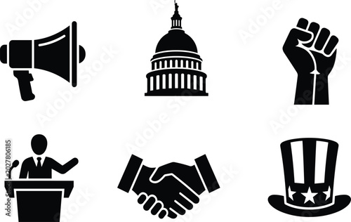 Political icons set featuring megaphone capitol dome building protest fist speaker podium handshake and uncle sam hat isolated vector