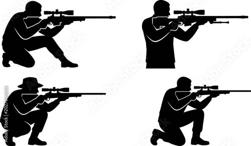 Schilderij op canvas Sniper Rifle Marksman Silhouette Icon Set with Soldier Hunter and Special Forces
