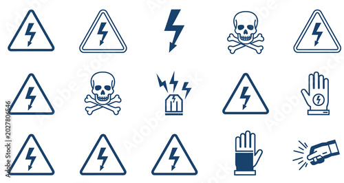 High voltage and danger symbols: electrical hazard warning signs skull and crossbones lightning bolt danger sign electrical