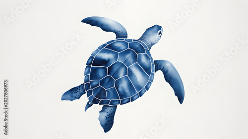 Stylized blue sea turtle with intricate geometric patterns on its shell