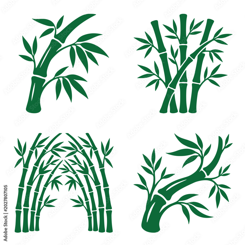 Fototapeta premium Collection of four unique stylized green bamboo plant illustrations in various shapes arch and bent forms tropical vegetation abstract illustration stylized botanical tranquil