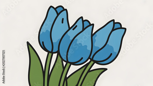 Stylized illustration presenting three vibrant blue tulip blooms with green leaves
