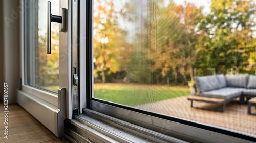 Detail of a residential sliding window equipped with a mosquito net screen.
