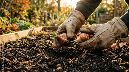 Close-up of tulip bulbs being planted in dark soil during autumn gardening.