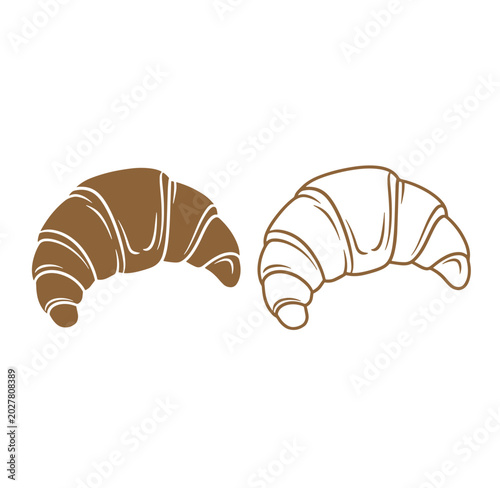 Two croissants one brown and one outline on white background
