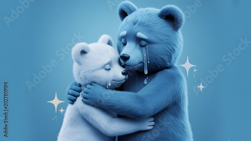Two plush teddy bears hugging closely with tears streaming down their faces
