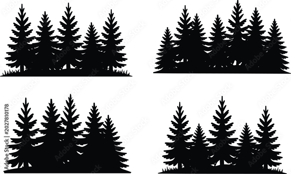 Fototapeta premium Black silhouette illustration of evergreen trees in grouped forest clusters, highlighting coniferous shapes, natural landscapes, and environmental design themes