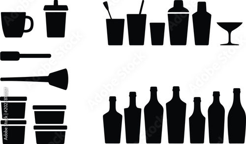 Tableau sur toile Black silhouette illustration of diverse beverage containers including cups, bot