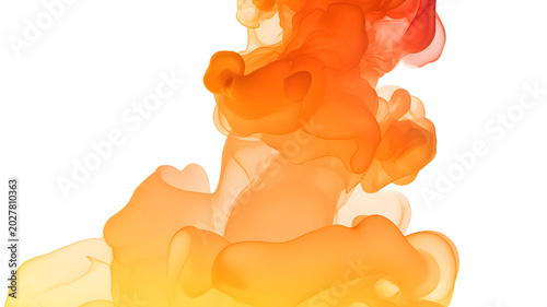 Vibrant orange and yellow liquid ink dissolving in clear water against a bright white background