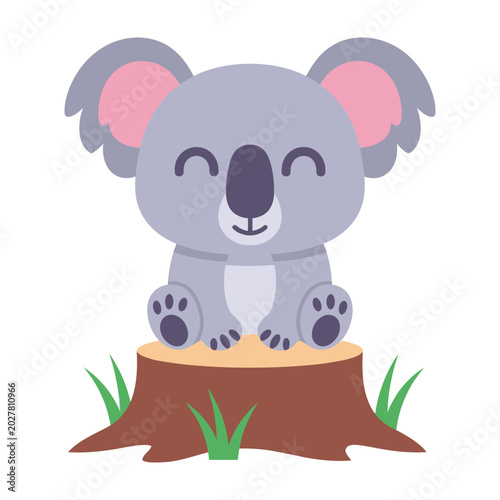 Photography Cute koala sitting on tree stump smiling